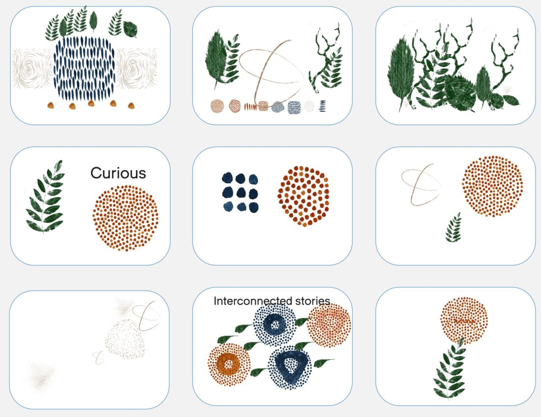 A grid of nine abstract, digitally created images, each contained within a rounded rectangle. The style is illustrative and somewhat textured, using a limited palette of dark green, various shades of brown/orange, and dark blue, with some instances of white and faint lines. The top row features: A central, vase-like shape filled with vertical dark blue dashes, surrounded by stylized dark green leaves, textured brown ovals, and faint circular patterns. Stylized dark green foliage at the top, with abstract curved lines and small textured circles in shades of brown/orange and dark blue below. A cluster of stylized dark green plants and foliage of varying sizes. The middle row shows: 4. A dark green stylized leaf to the left and a textured brown/orange circular shape with the word