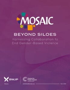 Purple cover page of a report titled 'Beyond Siloes: Harnessing Collaboration to End Gender-Based Violence." Logos of two organisations: BWJP and CPI are at the bottom.